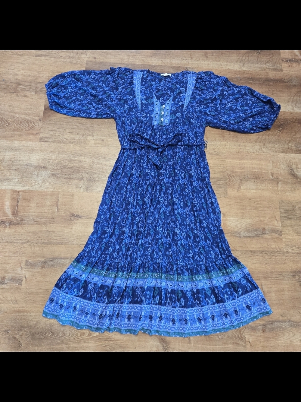 beachlunchlounge Blue Patterned Maxi Dress Puff Sleeve  Medium - Picture 2 of 7